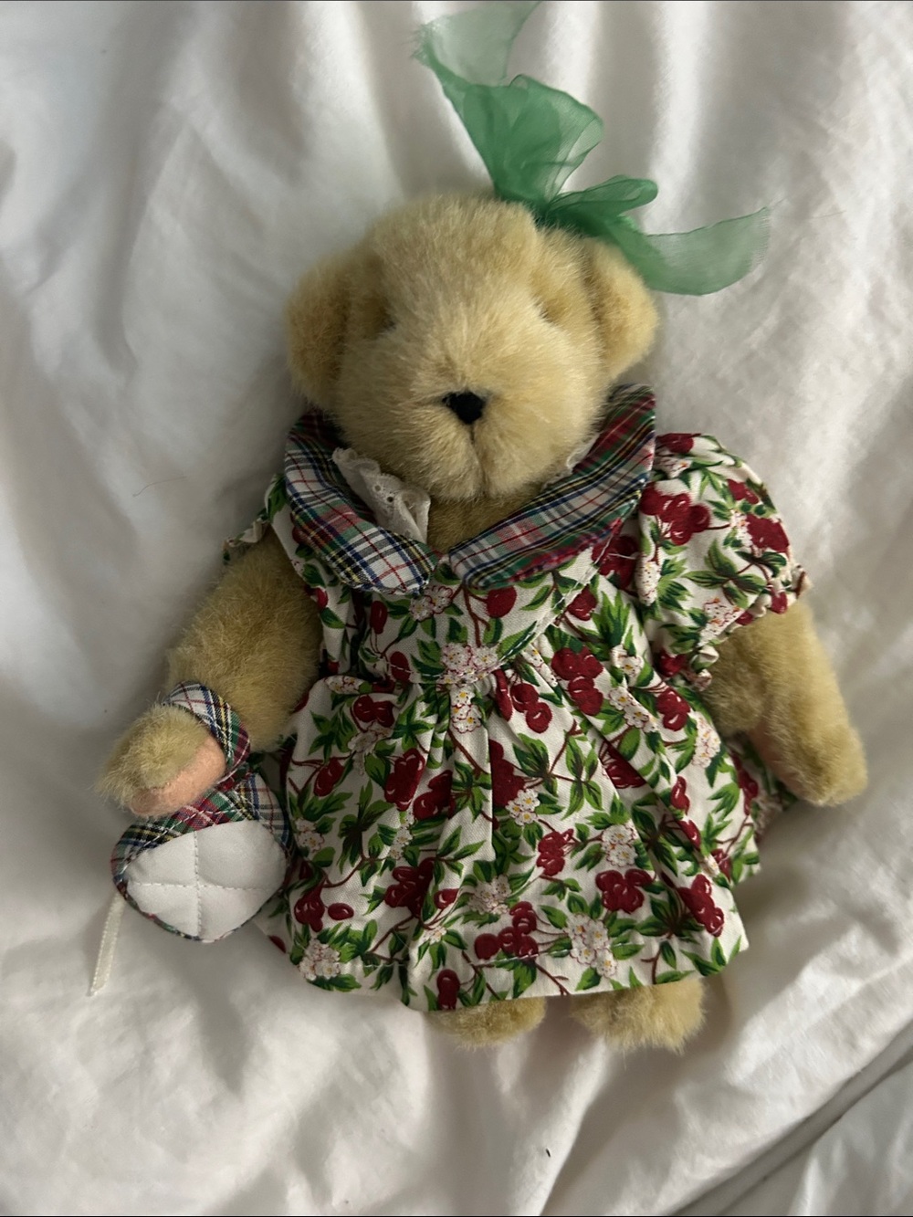 Muffy cherry pie bear. Plush Bear in Green Ribbon & Floral Dress - Kids Toy